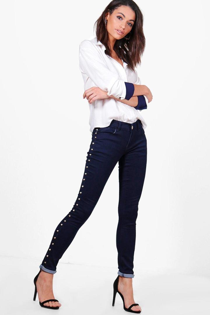 Boohoo Ria Low Rise Studded Skinny Jeans Indigo