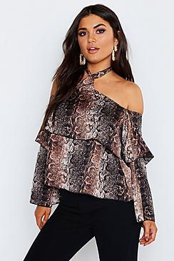 Boohoo Snake Cold Shoulder Ruffle Woven Top