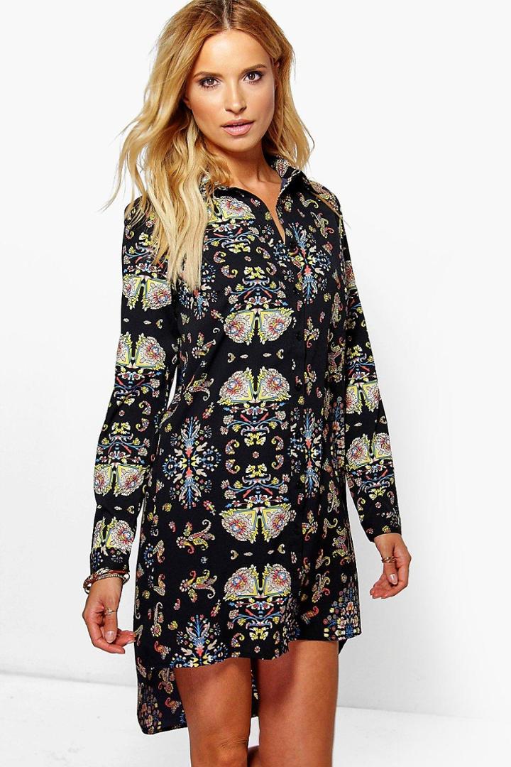 Boohoo Saffron Oriental Print Dip Hem Shirt Dress Multi