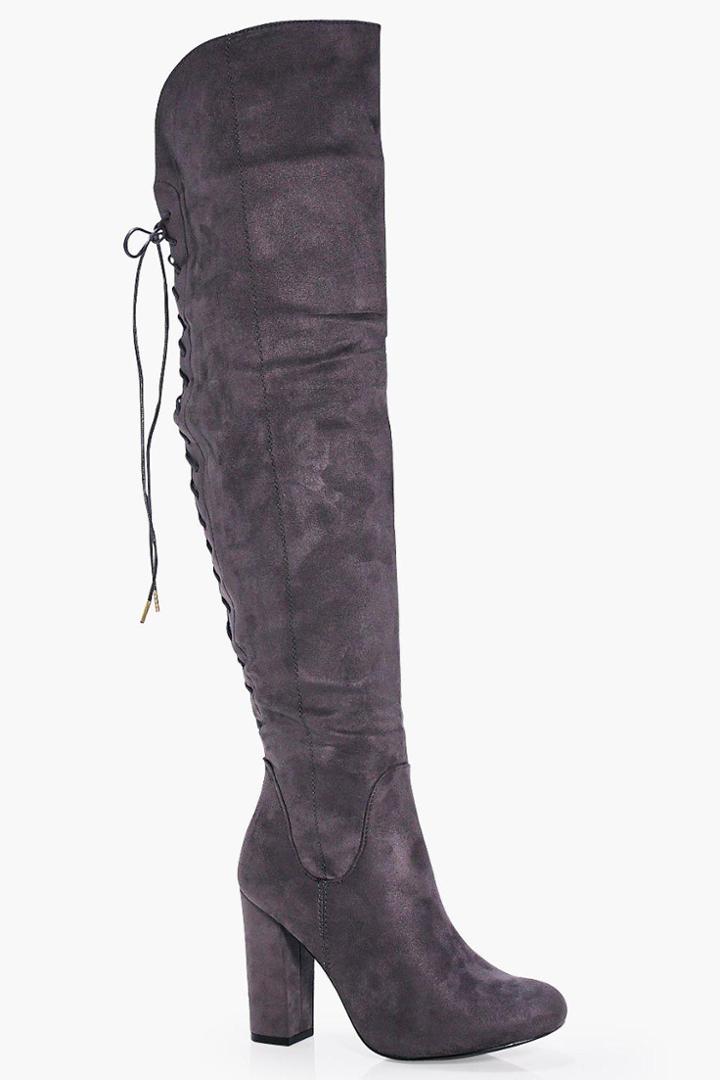 Boohoo Tia Lace Back Block Heel Over The Knee Grey