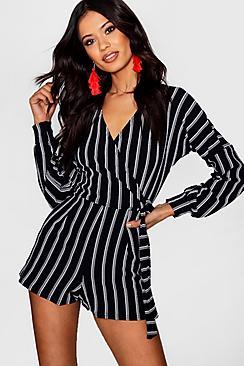Boohoo Jamie Striped Balloon Sleeve Playsuit