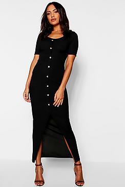 Boohoo Horn Button Ribbed Half Sleeve Maxi Dress