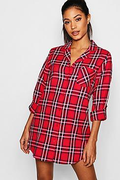 Boohoo Red Check Brushed Flannel Button Through Night Shirt