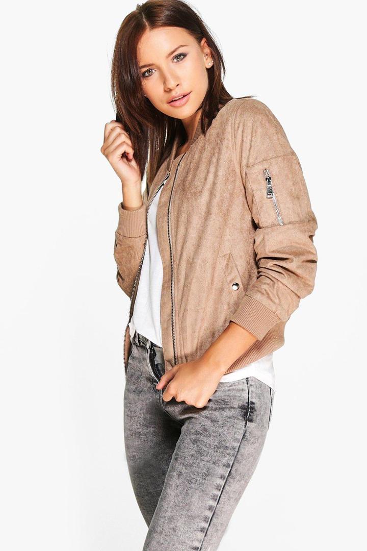Boohoo Jenna Suedette Bomber Jacket Camel