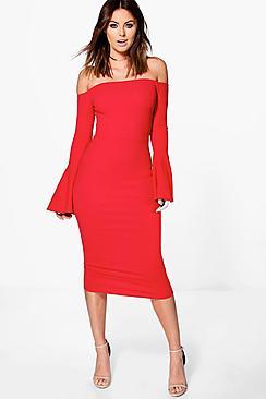 Boohoo Lana Off Shoulder Flared Sleeved Midi Dress