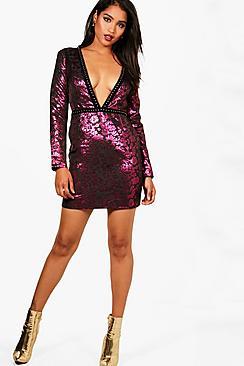 Boohoo Mai Brocade Studded Trim Mini Dress