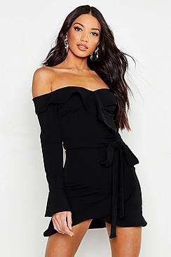 Boohoo Off The Shoulder Ruffle Tie Waist Skater Dress