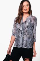 Boohoo Lana Snake Print Tie Front Shirt Grey