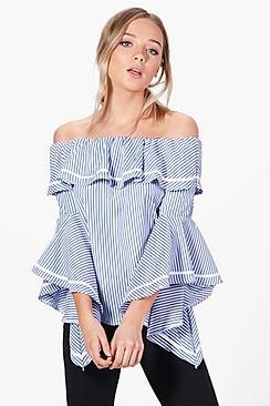 Boohoo Alice Stripe Off The Shoulder Shirt