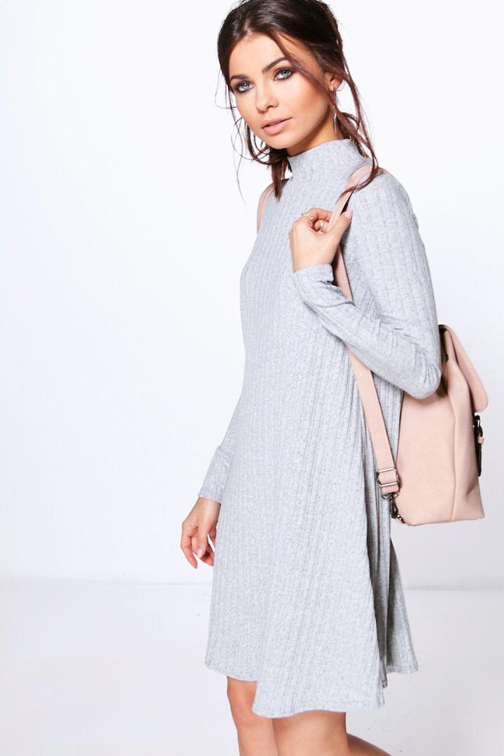 Boohoo Jessica High Neck Rib Knit Swing Dress Grey