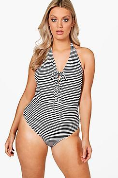 Boohoo Plus Riley Stripe Lace Up Swimsuit