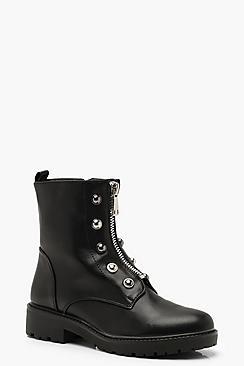 Boohoo Zip Front Studded Biker Boots