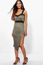 Boohoo Lola Sweetheart Contrast Midi Dress Khaki