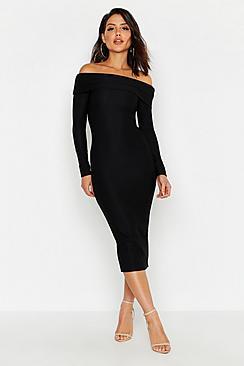 Boohoo Off Shoulder Fold Over Rib Bodycon Midi Dress