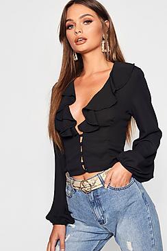 Boohoo Ruffle Plunge Chiffon Blouse