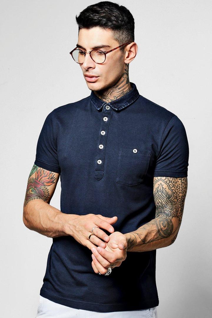 Boohoo Polo T Shirt With Denim Collar Navy