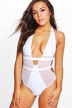 Boohoo Petite Olivia Mesh Panel Strappy Back Swimsuit