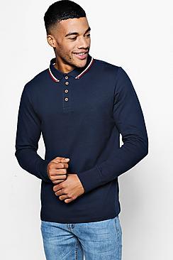 Boohoo Long Sleeve Pique Polo With Pipping