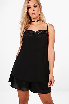 Boohoo Plus Ebony Lace Up Neck Detail Cami Top