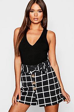 Boohoo Grid Check Horn Button Paperbag Short