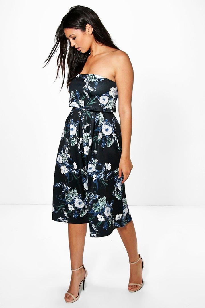 Boohoo Ari Double Layer Bandeau Midi Skater Dress Black