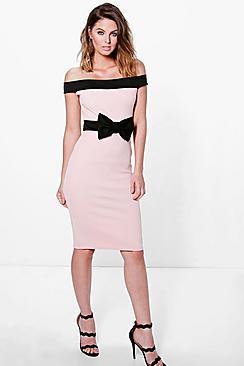 Boohoo Pia Contrast Off The Shoulder Bow Waist Midi Dress