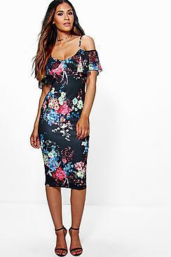Boohoo Sara Frill Cold Shoulder Floral Midi Dress