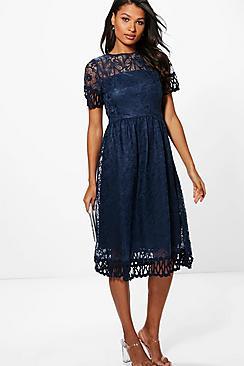 Boohoo Boutique Emi Embroidered Trim Midi Skater Dress