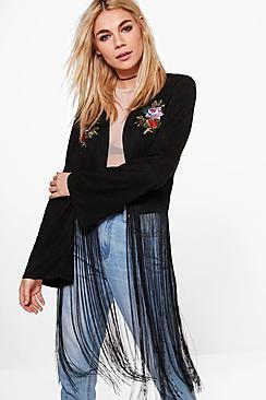 Boohoo Leah Suedette Tassel Hem Floral Applique Jacket