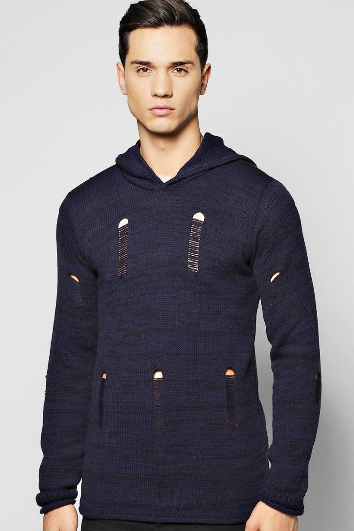 Boohoo Mixed Colour Yarn Destroyed Hoodie Navy