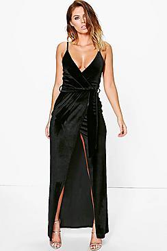 Boohoo Pia Velvet Wrap Tie Maxi Dress