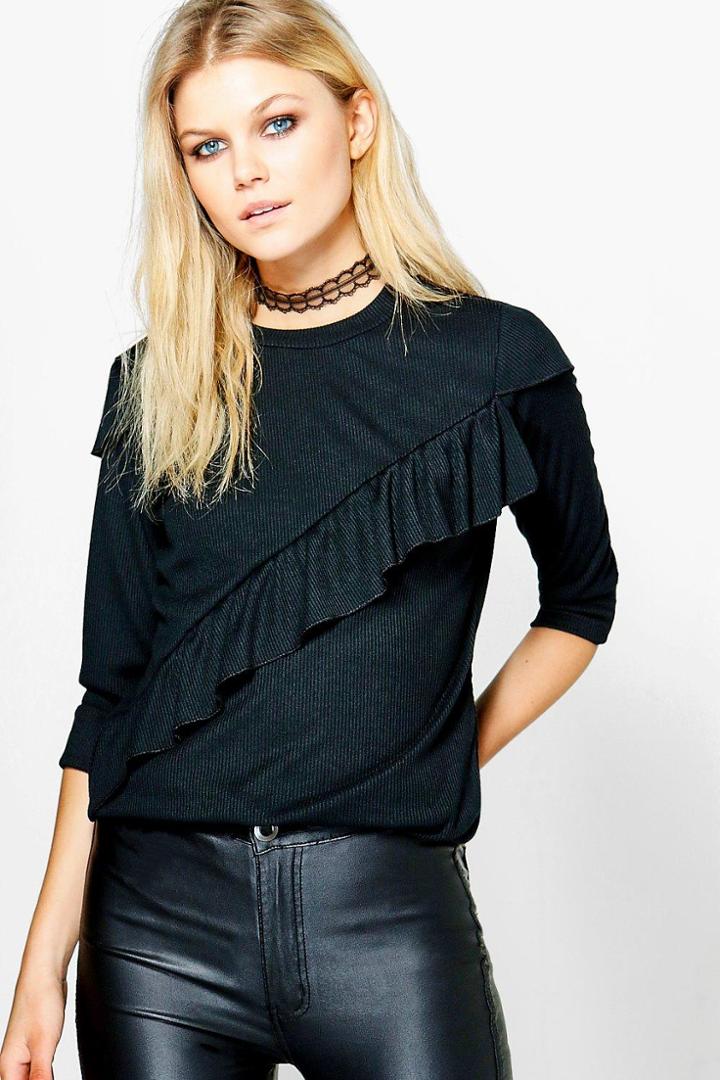 Boohoo Caroline Asymmetric Ruffle Rib Knit Jumper Black