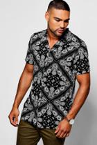 Boohoo Black Mandala Print Short Sleeve Revere Shirt Black