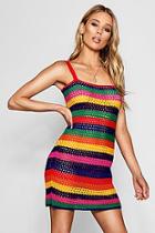 Boohoo Emily Rainbow Stripe Crochet Dress