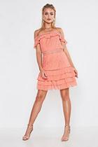 Boohoo Premium Dobby Mesh Off The Shoulder Frill Mini Dress