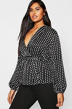 Boohoo Plus Satin Spot Wrap Balloon Sleeve Kimono Top