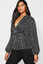 Boohoo Plus Satin Spot Wrap Balloon Sleeve Kimono Top