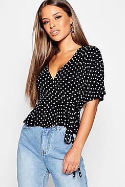 Boohoo Petite Polka Dot Wrap Frill Sleeve Blouse