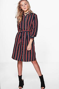 Boohoo Drew Striped Print Belted Shirt Dress