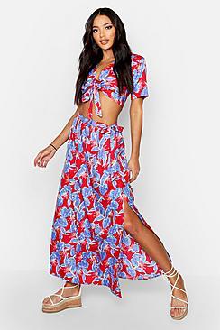Boohoo Leaf Print Tie Front Beach Co-ord