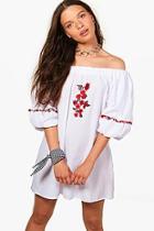 Boohoo Off The Shoulder Balloon Sleeve Embroidered Dress