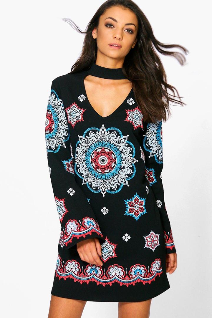 Boohoo Tall Madi Textured Embroidery Effect Neck Band Dress Black