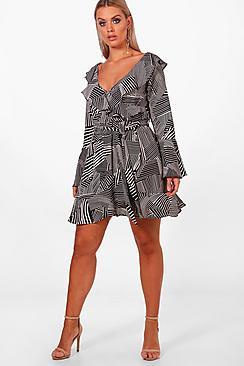 Boohoo Plus Katie Mix Stripe Bardot Woven Wrap Dress