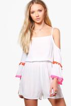 Boohoo Louise Pom Pom Open Shoulder Playsuit White