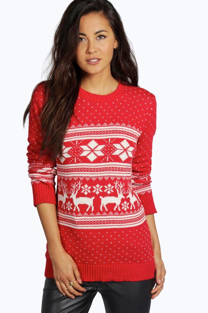 Boohoo Roxy Reindeer Fairisle Christmas Jumper Red