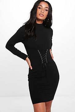 Boohoo Isobel Corset Waist High Neck Bodycon Dress