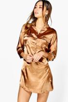 Boohoo Lyla Utility Satin Shirt Dress Copper