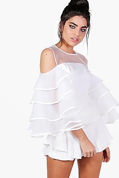 Boohoo Freya Cold Shoulder Ruffle Mesh Blouse