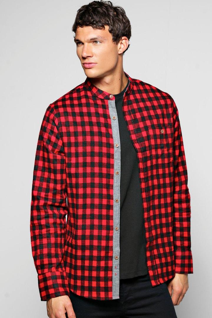 Boohoo Grandad Collar Brushed Check Pocket Shirt Red
