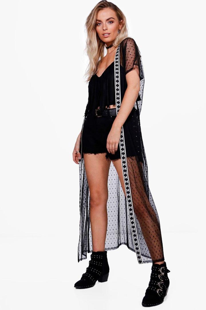 Boohoo Hannah Mesh Maxi Kimono With Aztec Trim Black